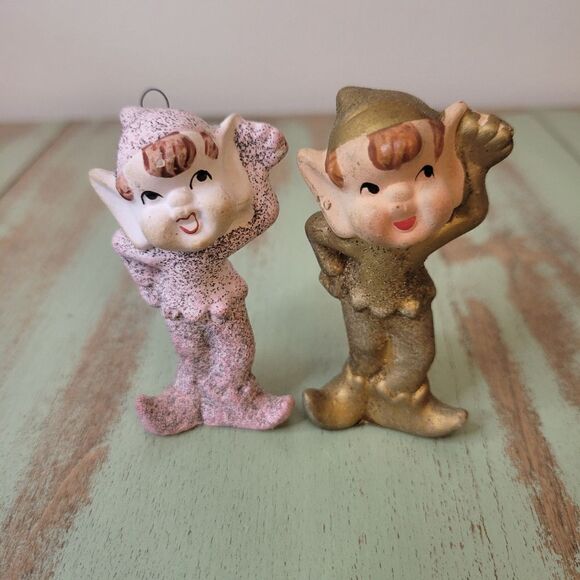 Vintage 1960's Mica Glitter Commodore Christmas Pixie Elf Pair - Picture 12 of 12